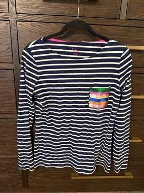 Boden Navy & White Striped Long-Sleeve Top with Sequin Pocket